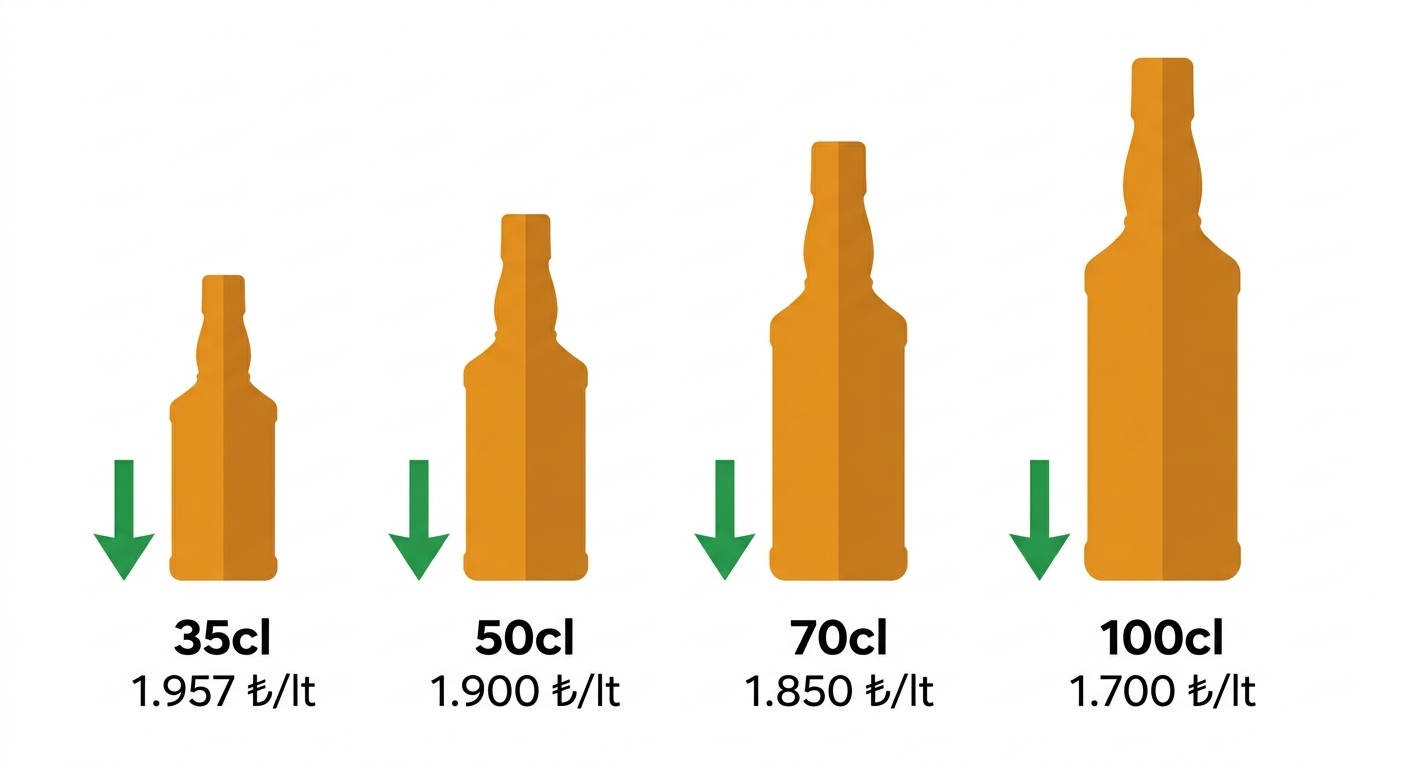 Viski şişe boyutlarına göre litre başı maliyet karşılaştırması — 35cl'den 100cl'ye